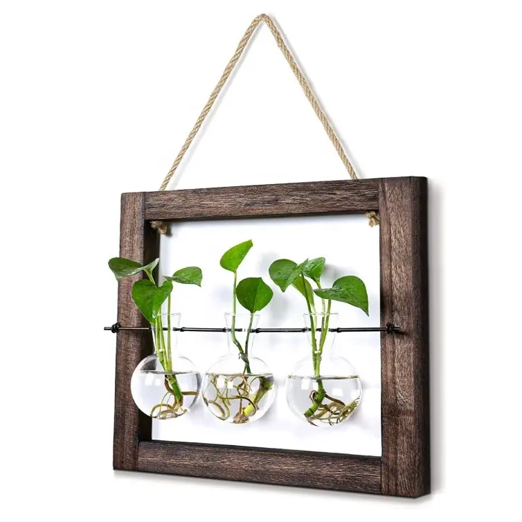 Air Planter Terarium 3 Bulb Vas Kaca dengan Retro Kayu Berdiri dan Logam Putar Pemegang Lucu Menggantung Dinding Tanaman Pot