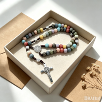 Chapelet de Saint Benoît multicolore en perles de bois sculptées, collier de prière catholique, bijoux religieux avec croix, idéal pour un cadeau