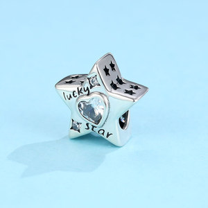 Abalorio de Plata S925 Oxidada con Estrella de la Suerte y Corazón Grabado con Circonitas, Joyería Fina Vintage para Pulsera de Mujer - Product Image 4