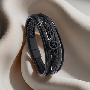 Men's Multi Layer Leather Braided <b>Magnetic</b> <b>Clasp</b> Bracelet With Musical Note Design Black Color Gift Jewelry - Product Image 1