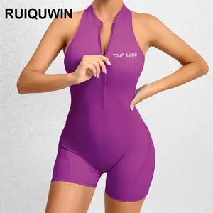 Ruiquwin - Macacão sexy sem mangas para mulheres, conjunto de leggings curtas e sem costura para o corpo, roupa de ginástica esportiva de 1 peça, ideal para ioga