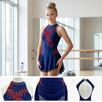 Robe de danse lyrique contemporaine bleu marine pour filles G031, avec appliques en dentelle rouge, sans manches, dos ouvert, jupe en maille, tenue de compétition scénique