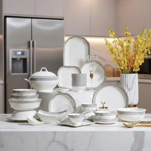 Luxury 50-Piece Eco-Friendly Bone China <b>Dinnerware</b> Set Utensils Kit European Style Scenic Pattern Camping Use Dishwasher - Product Image 1