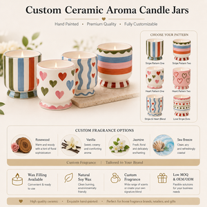 Venta al por Mayor OEM ODM, Frascos de Cerámica para Velas Pintados a Mano con Diseño de Corazón, Rayas y Puntos, Color Personalizado, Paquete de Regalo, Decoración del Hogar, Jalo LZ-1 - Product Image 5