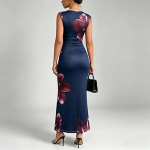 Abito <span class=keywords><strong>lungo</strong></span> da donna senza maniche con stampa <span class=keywords><strong>floreale</strong></span>, elegante, in raso arricciato, per serate e feste - Product Image 3