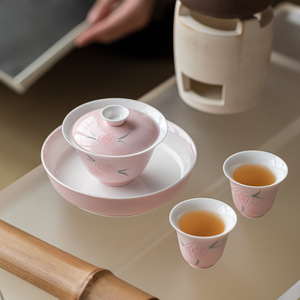 Pink Glazed Floral Ceramic Gaiwan With Lid Porcelain <b>Tea</b> Bowl For Kung Fu <b>Tea</b> <b>Set</b> Afternoon <b>Tea</b> - Product Image 3