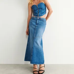 Oem Custom Logo Supplier Ladies Custom 2023 Long Summer High Quality 100% Cotton Fashion Blank Long Denim Maxi Skirt For Women