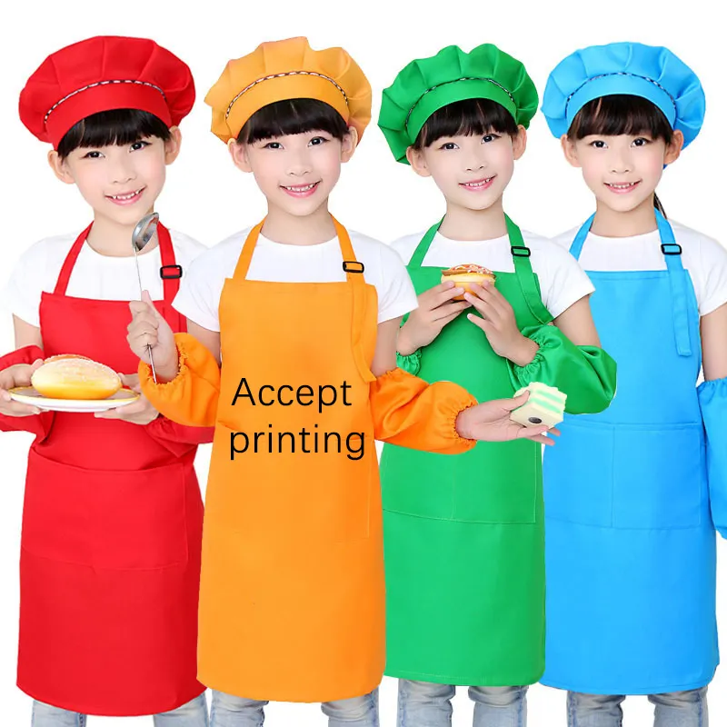 ZQ05 özel pişirme pişirme cepli önlük pamuk çocuk boyama pişirme seti ayarlanabilir çocuk önlüğü ve şef şapkası seti