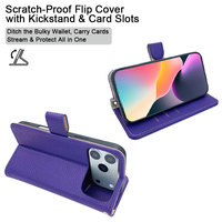 Étui portefeuille à rabat en cuir synthétique grain litchi pour iPhone, avec fentes pour cartes et fonction support, style professionnel classique, vente en gros