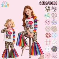 Nouvelle tenue tendance pour filles : haut à manches raglan avec imprimé léopard et patchwork, pantalon cloche multicolore – Vêtements pour tout-petits