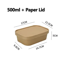 Ready Bulk Biodegradable Food Container Takeaway Brown Kraft Paper Salad Disposable Square Bowls With Paper Lid