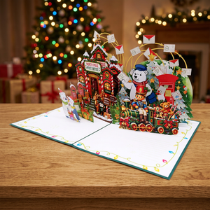 Tarjeta de Navidad 3D Pop-Up Hecha a Mano con Impresión Offset, Oficina Postal del Polo Norte y Tren de Osos Polares, Tarjeta de Felicitación Navideña - Product Image 4