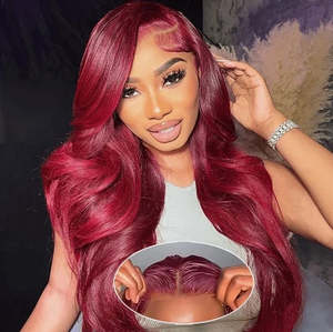 Perruque frontale 360 en dentelle pré-coupée sans colle Invisi-Band, couleur bordeaux 99J, cheveux humains ondulés - Product Image 1