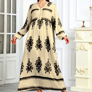 ODM/OEM中東女性用アバヤファッションプリントウールレースアップイスラムスタイルエレガントドレスアラビアドバイMusilin - Product Image 2