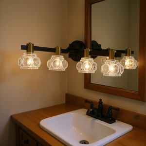 <b>Vintage</b> 4-Light Wall Sconce Black Iron Finish Clear Crystal <b>Shades</b> Bathroom Vanity Light Fixture 24 Inch - Product Image 2