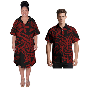 Conjunto de Pareja Personalizado para Fiesta o Baile de Graduación, Vestido Elegante para Mujer con Estampado de Hibisco Hawaiano, Camisas con Bolsillo para Hombre, Traje de Pareja Polinesio para la Playa - Product Image 4