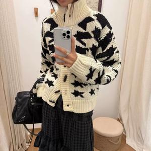 2025 autunno inverno nuovo <span class=keywords><strong>Cardigan</strong></span> in maglia spessa arancione con motivo a <span class=keywords><strong>poule</strong></span> Casual a maniche lunghe stile retrò ampio da donna - Product Image 4
