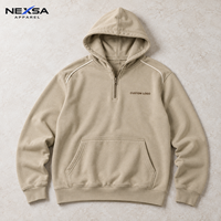 Sweat-shirts et sweats à capuche pour hommes à demi-zip, couleur beige sable doux, avec passepoil aux épaules et motif graphique lettré, en coton, décontractés, qualité premium, marque privée, vente en gros