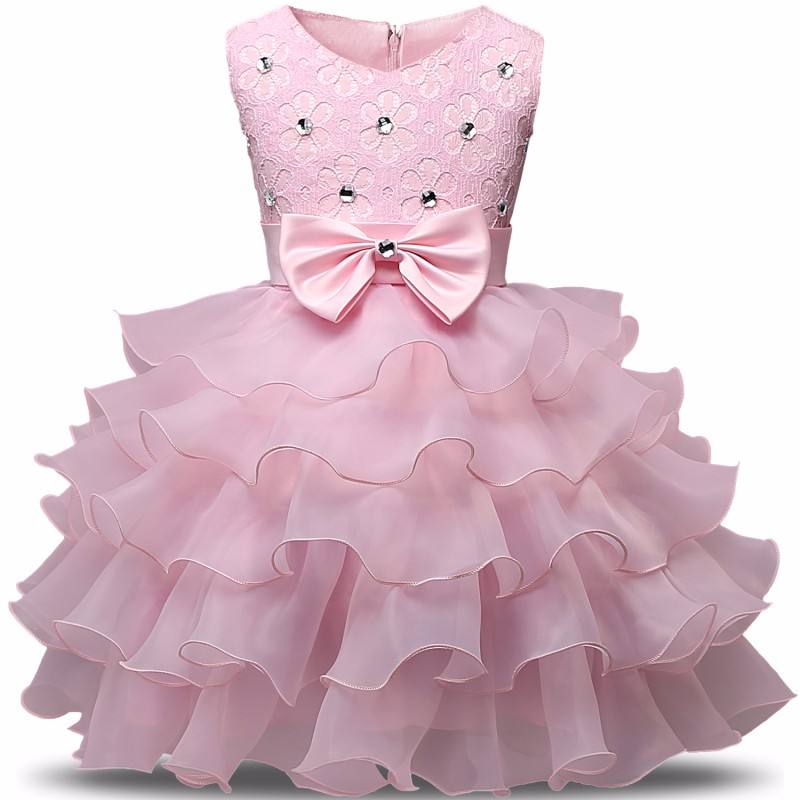 Kids Bowknot Solid Princess Ball Gown Wedding Dresses Layered Sleeveless Rhinestone Princess Dresses