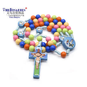 Kleurrijke Plastic Kraal Kinderen Rozenkrans <span class=keywords><strong>Cartoon</strong></span> Kruis Religieuze Medailles Antieke Verzilverde Unisex Katholieke Kinderen Ketting - Product Image 1