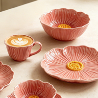 Service de vaisselle en céramique vintage à glaçure réactive, motif floral, avec tasses à café, bols et assiettes à volants pour la maison, le café et l'hôtel