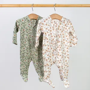 Pijama de bebê com mangas compridas, pijama certificado de algodão orgânico/bambu liso com zíper para bebês, roupas de verão