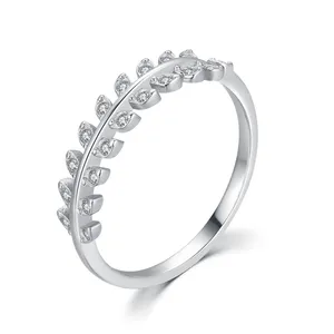 时尚925纯正简约锆石钻石橄榄枝叶女指环