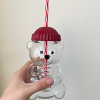 Gobelet en verre personnalisé avec logo de marque, en forme d'ours en peluche rose fraise, avec paille, réutilisable pour boissons froides, tasse à café avec couvercle à vis
