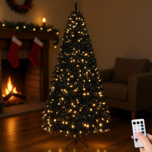 Árbol de Navidad Artificial Preiluminado Negro de 6 Pies con 250 Luces LED, Control Remoto, Pino Articulado, Decoración Interior para Hogar, Oficina y Festividades - Product Image 2