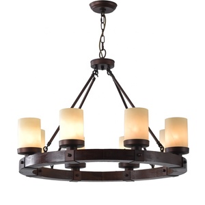 Lampadario in Legno Stile Fattoria per Sala da Pranzo, Lampada a Sospensione Rotonda con Paralume in Vetro per Cucina - Product Image 2