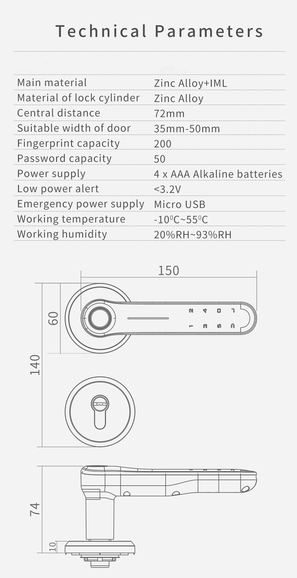 Glomarket Tuya Simple Design Indoor Smart Fingerprint Door Lock Password Handle Smart Door Lock