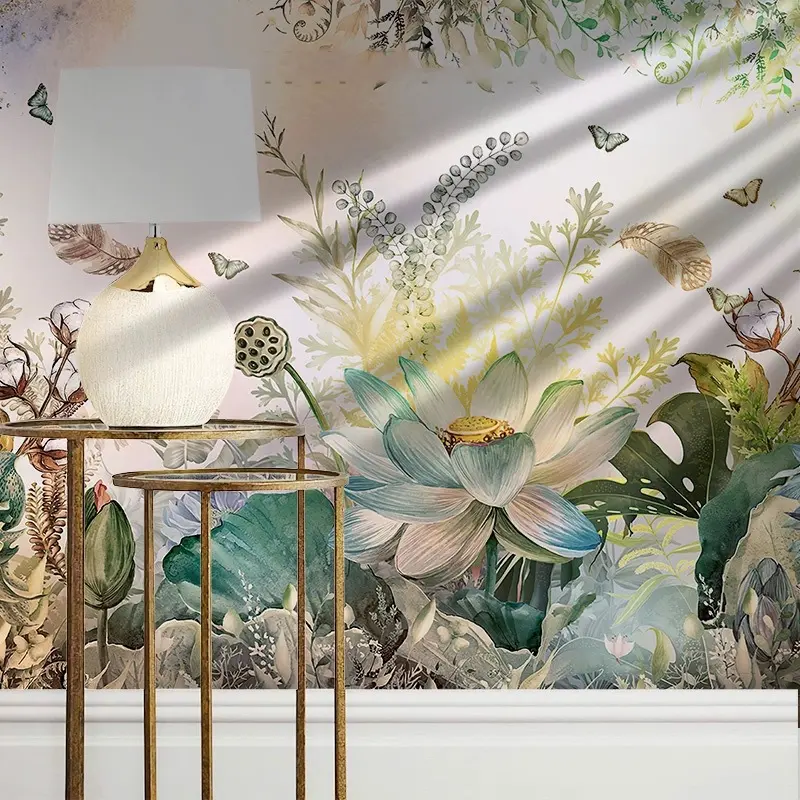 花咲く壁紙アートリビングルームソファロータス壁装材テレビ背景壁シームレス壁装材