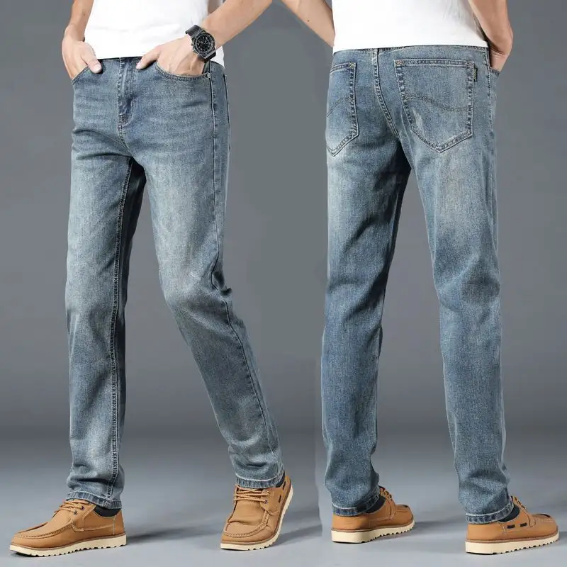 slim gerade stretch Herren Jeans elastisch mittlere taille retro-stil washed pants Übergröße denim anzug für alle jahreszeiten