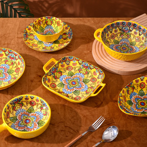 Household Bone China Bohemian Handmade Plant <b>Plate</b> Sexy Yellow Flower <b>Large</b> Soup Bowl Dish Wedding Retro High-Value Wholesale - Product Image 2