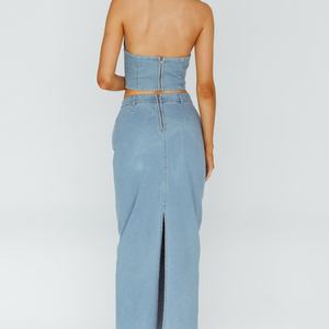 กระโปรงยีนส์ยาวสีน้ำเงินคุณภาพสูงแบบ OEM สไตล์วินเทจลำลองสำหรับผู้หญิง กระโปรงยาวผ่าหลังแบบฟอกสี - Product Image 3