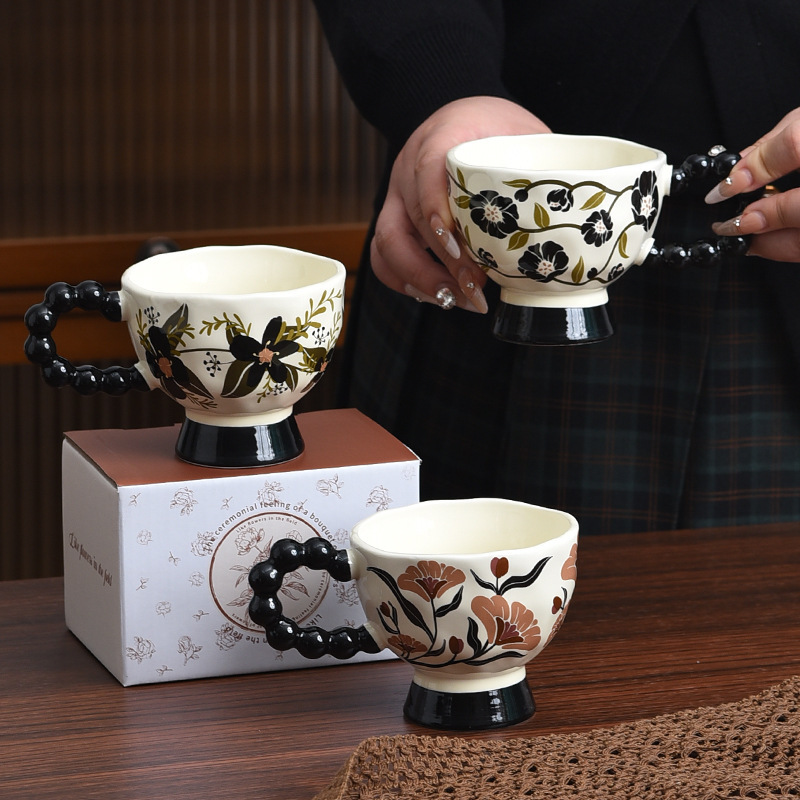 MM Rose Blumen becher Schwarze Perlen Großer Griff Tasse Freundin Trinkwasser Keramik becher High-End| Alibaba.com