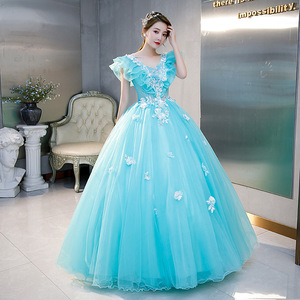 Ice Blue Ball Gown Sweetheart Neckline Chiffon Prom Dress Floral Print Empire Waistline Women's Evening Gown - Product Image 3