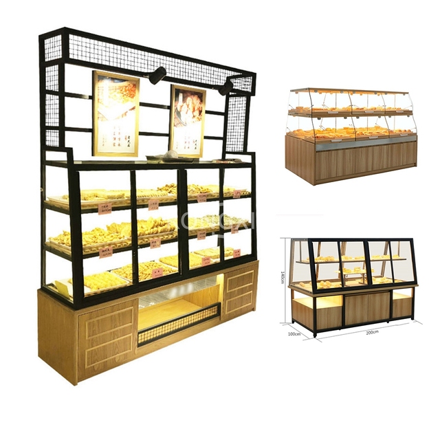 Modern Furniture Bakery Shop Furniture Customized Wooden Glass Food Shelf Cake Showcase Bread Display Stand Bread Display Rack