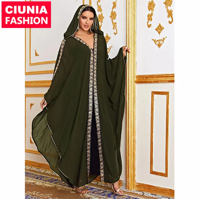 Túnicas africanas paquistaníes, caftán Abaya, estilo bordado, largo, con capucha, musulmán, negro, Abaya Jilbab, 6335