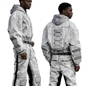 Ensemble de survêtement unisexe en denim délavé foncé, veste boutonnée pleine longueur, coupe classique, style streetwear décontracté, 100 % coton, poids moyen, respirant - Product Image 2