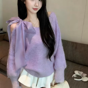 Suéter de punto con lazo de satén y hombros descubiertos para mujer - Top de punto brillante de corte holgado a la moda - Product Image 1