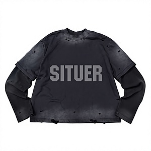 เสื้อยืดแขนยาวผ้าวาฟเฟิลคอตตอน 100% สกรีนโลโก้ตามสั่ง ขายส่ง ทรงโอเวอร์ไซส์ ลุควินเทจ ย้อมสีแบบแอซิดวอช ผ้าหนา แต่งดีเทลขาดๆ สำหรับผู้ชาย - Product Image 5