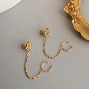new 316L titanium steel earrings women Fashion chain Earrings tassel personality moon luxury plating 18K real gold hoop earrings