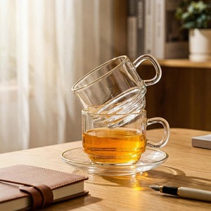 Glass Coffee <b>Cup</b> <b>Set</b> 300Ml Stackable With Handle For Afternoon <b>Tea</b> Adults - Product Image 3