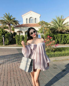 Top Quality <b>Pink</b> Off-Shorlee Volumetric Dress With <b>Bow</b> Casual Dresses 100% Polyester V-neck Bubble sleeve Loose Waist OEM/ODM - Product Image 4