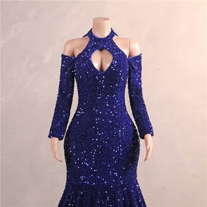 Vestido Sexy para Chicas, Cuello Alto, Hombros Descubiertos, Mangas Largas, Color Azul, Vestidos de Noche para Fiesta de Graduación - Product Image 4