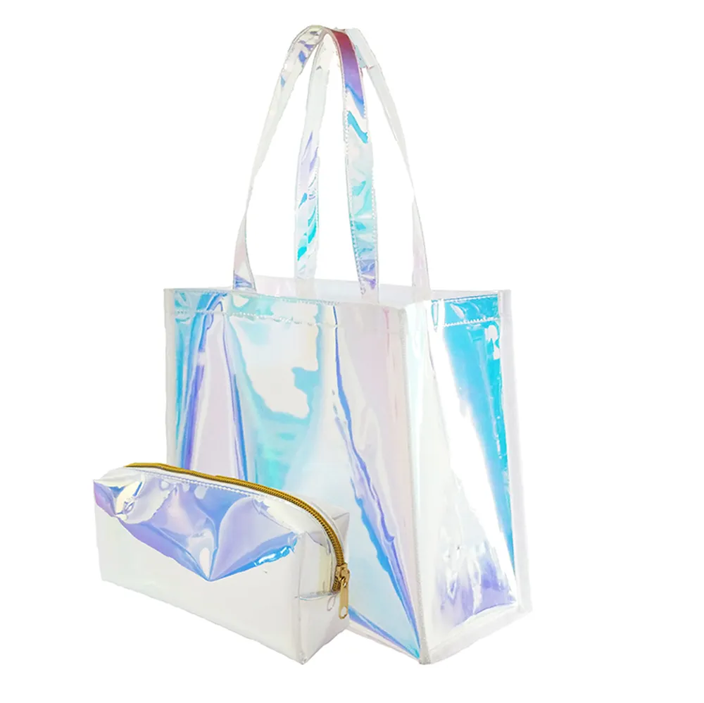 Dame Mädchen Frauen Weichen Bequemen Glatte Durable Reflektierende Bunte Wasserdichte Laser PU Tote Tasche Set mit Brieftasche