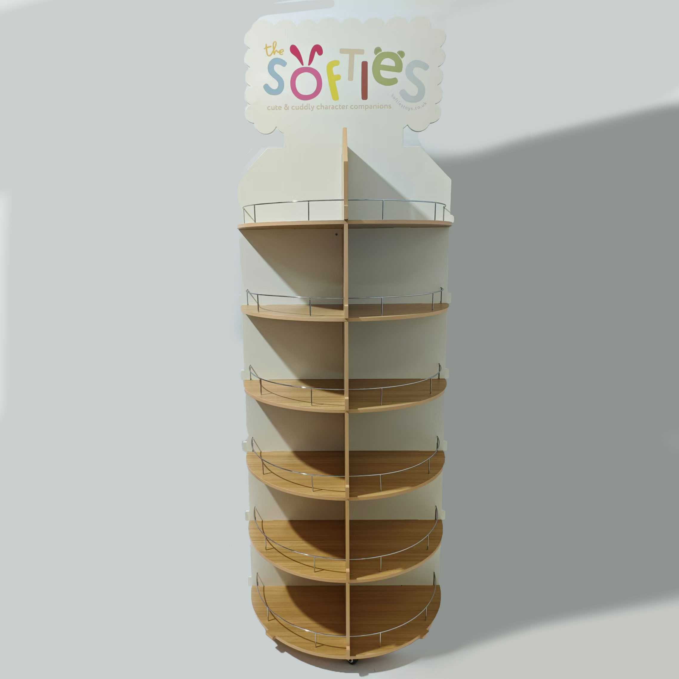 Round Beverage Display Stand Wooden Multi-tier Wine Storage Display Rack Detachable Beer Drink Shelf with Metal Fence and Caster