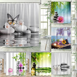 Rideaux <span class=keywords><strong>de</strong></span> <span class=keywords><strong>douche</strong></span> <span class=keywords><strong>zen</strong></span> pour salle <span class=keywords><strong>de</strong></span> bain, thème japonais <span class=keywords><strong>de</strong></span> méditation, paysage <span class=keywords><strong>de</strong></span> reflets d'eau, plantes sauvages, pierre grise, fleur blanche - Product Image 1