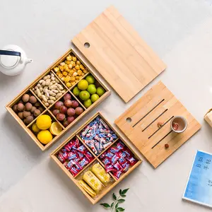 NEW Custom LOGO Bamboo Dried Fruit Nut Storage Box Tea Tray Candy Snacks Container With Removable Lid&Division Plate Wholesale